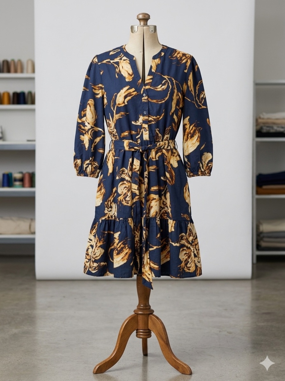 Time and Tru Navy and Gold Floral Tie-Waist Midi Dress